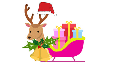 PNG image of A christmas reindeer with santa hat and sleigh full of gifts and bells illustration art 100