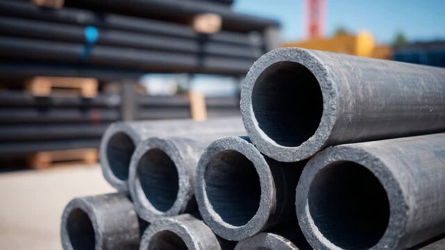 465Macro shot of stacked gray PVC pipes, edges and round openings in sharp focus, ambient lighting emphasizing smooth construction material surfaces