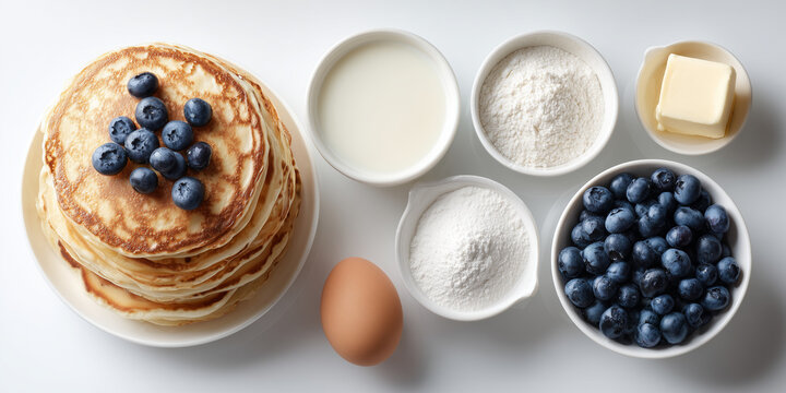 A stack of blueberry pancakes next to small bowls containing all-purpose