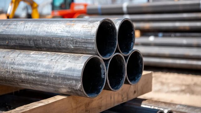 468Detailed view of gray construction pipes, stacked at varying angles, lighting emphasizing smooth finish, close-up capturing industrial material quality