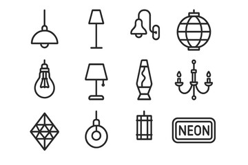 Eclectic Lighting Icons. Eclectic lighting. Line icon set of eclectic lighting: pendant light, floor lamp, vintage sconce, paper lantern, industrial bulb,