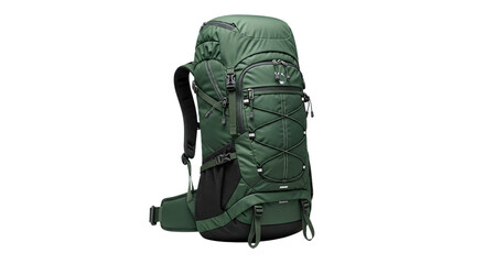 Rugged dark green hiking backpack for adventurous outdoor exploration and trekking isolated on transparent background