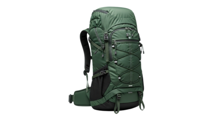 Rugged dark green hiking backpack for adventurous outdoor exploration and trekking isolated on transparent background
