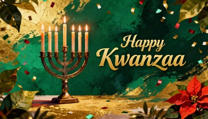 Happy Kwanzaa greeting on a festive green and gold background. Holiday celebration concept with a candelabrum, lit candles, and confetti.