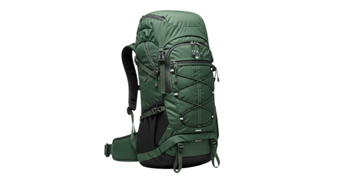Rugged dark green hiking backpack for adventurous outdoor exploration and trekking isolated on transparent background
