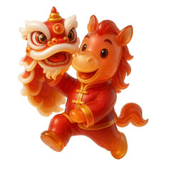 Cute 3D Amber Glass Horse performing Lion Dance. Traditional Chinese New Year 2026 festive mascot