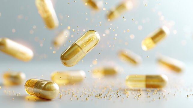 Golden capsules with floating particles on light background, health supplement and pharmaceutical concept