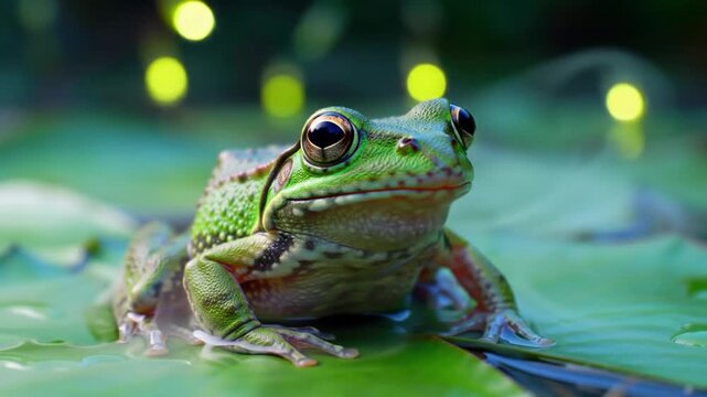 A vibrant, close-up photograph features a frog perched on a lily pad. Bokeh lights in the background