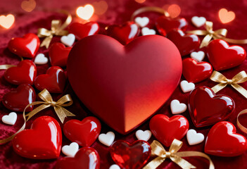 A large matte red heart at the center of a beautiful arrangement of glossy hearts for a Valentines Day holiday poster