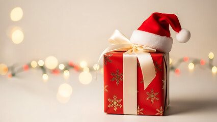 Red christmas gift box with santa hat and bokeh light background