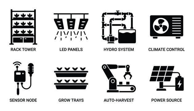 Set of eight black and white simple vector icons for vertical farming technology and equipment