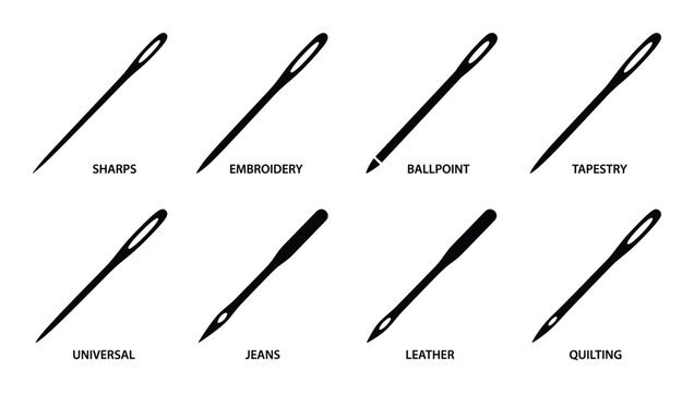 Set of eight different sewing needle types including sharps, embroidery, ballpoint, tapestry, universal, jeans, leather, and quilting
