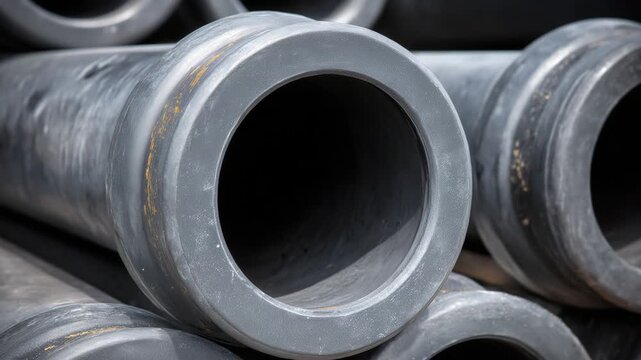 477Close-up perspective of gray PVC pipes, ends visible with smooth circular shapes, stacked horizontally, highlighting utility for drainage and plumbing systems