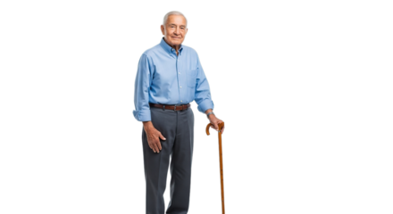 Smiling happy elderly man enjoying healthy active retirement lifestyle holding walking stick isolated on transparent background