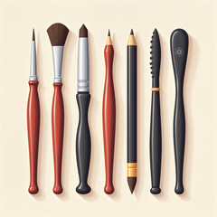 Fototapeta premium Makeup tools including brushes and pencils on neutral background 