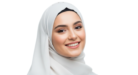 Positive beautiful young Muslim woman in white hijab smiling happily isolated on transparent background