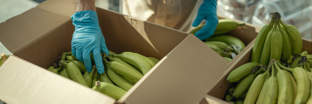 A worker's gloved hands place bananas in a box