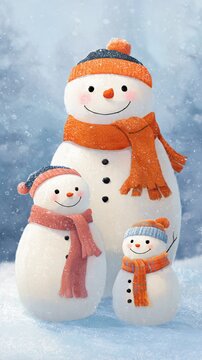 A heartwarming snowman family scene perfect for kids&rsquo; books, greeting cards, and holiday-themed prints.