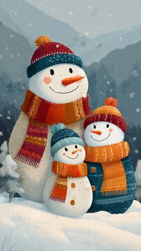 A heartwarming snowman family scene perfect for kids&rsquo; books, greeting cards, and holiday-themed prints.