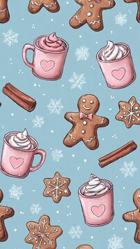 A seamless holiday pattern featuring Christmas cookies and cocoa, ideal for wrapping paper, apparel, and stationery.