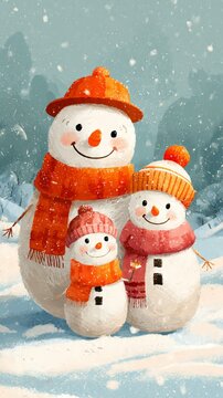 A heartwarming snowman family scene perfect for kids&rsquo; books, greeting cards, and holiday-themed prints.