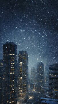 A festive snowy city skyline illuminated with Christmas decorations, great for backgrounds, wallpapers, and digital holiday promotions.