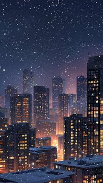 A festive snowy city skyline illuminated with Christmas decorations, great for backgrounds, wallpapers, and digital holiday promotions.