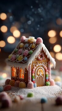 Realistic gingerbread house with frosting details, colorful candies, candy canes, powdered sugar snow, cozy warm lighting, shallow depth of field, festive holiday scene.