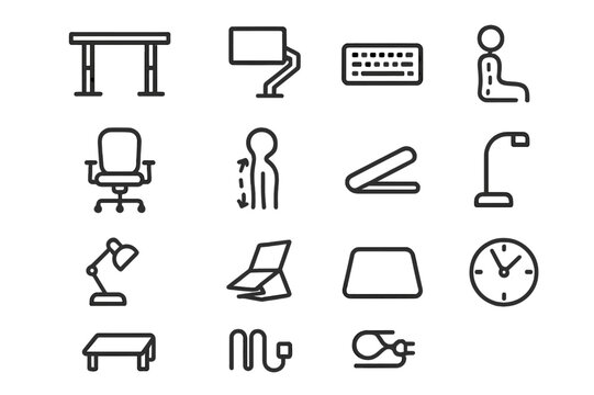 Ergonomic Setup Icons. Ergonomic setup. Line icon set of ergonomic setup: adjustable desk, monitor arm, keyboard, chair, footrest, cable organizer, posture