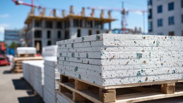 480Close-up of neatly stacked drywall panels at a construction site, edges aligned, sunlight highlighting smooth surfaces and paper textures
