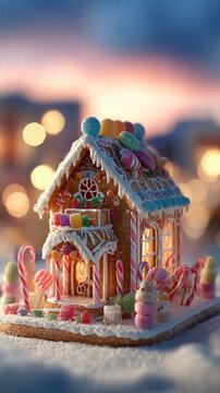Realistic gingerbread house with frosting details, colorful candies, candy canes, powdered sugar snow, cozy warm lighting, shallow depth of field, festive holiday scene.