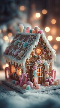 Realistic gingerbread house with frosting details, colorful candies, candy canes, powdered sugar snow, cozy warm lighting, shallow depth of field, festive holiday scene.