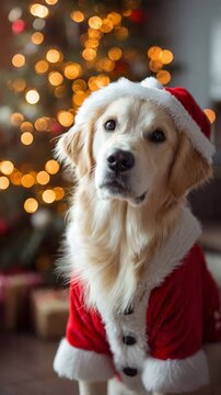 A cute dog in a Santa outfit in a cozy Christmas setting, great for lifestyle content, pet products, and holiday merchandise.