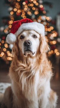 A cute dog in a Santa outfit in a cozy Christmas setting, great for lifestyle content, pet products, and holiday merchandise.