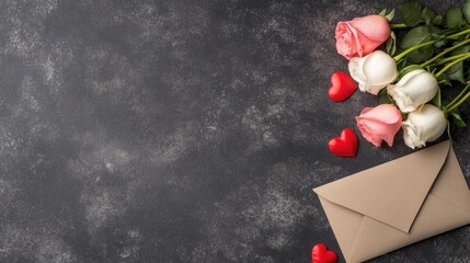 Bouquete of roses with hearts and an envelope on a dark surface for romantic occasions and celebrations