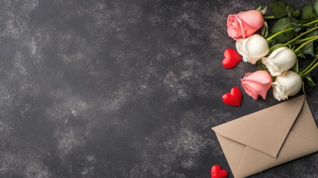 Bouquete of roses with hearts and an envelope on a dark surface for romantic occasions and celebrations