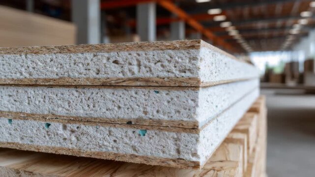 482Macro shot of stacked gypsum boards, corners and surface textures in sharp focus, ambient industrial lighting emphasizing construction material quality