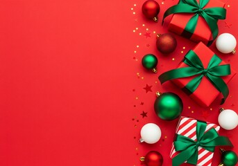 Elegant Christmas scene featuring beautifully wrapped gifts and colorful ornaments on a vibrant red background creating a festive holiday atmosphere
