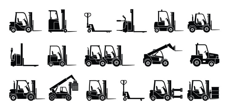 Set of forklift silhouettes including various types of material handling equipment such as stackers and pallet trucks