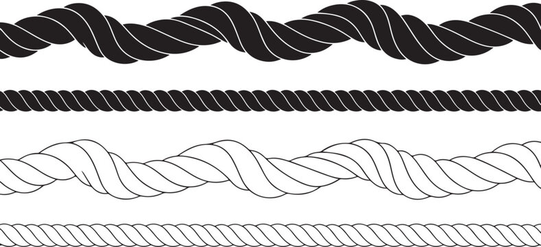 vector black monochrome silhouette and outline straight and wavy rope.eps
