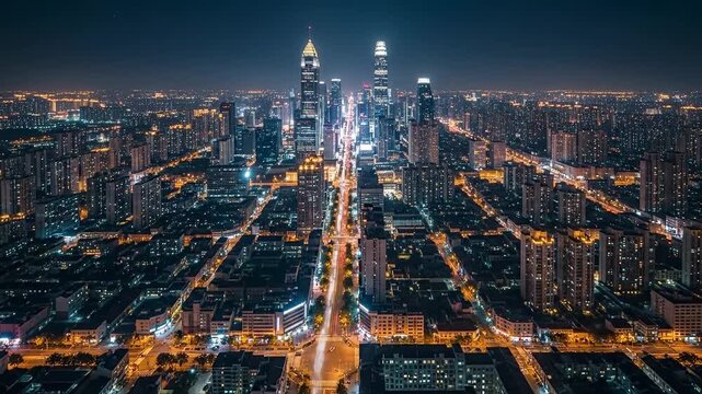 Aerial View of a Modern City Skyline at Night with Bright Lights.