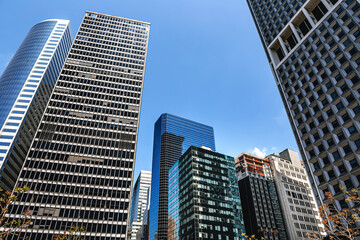 New York City skyscrapers, USA, modern urban architecture and glass office towers in Manhattan.