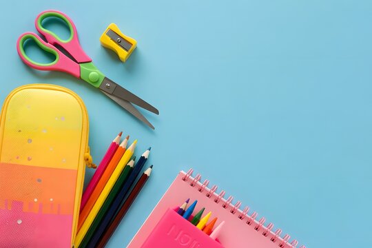 Colorful school stationery set on blue background, back to school concept with pencils, notebooks, scissors, and creative education supplies