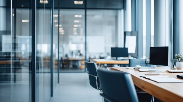 Bright open plan modern office interior with rows of desks and computers, concept for productivity and corporate workspaces - Powered by Adobe