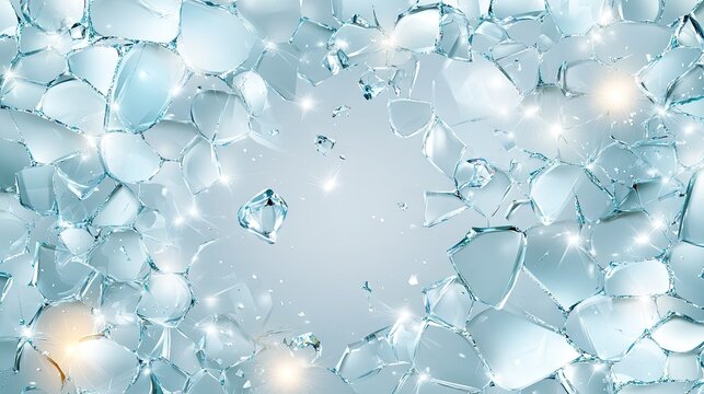 Fragments of shattered glass are strewn across a bright backdrop, forming a captivating and vibrant texture that demands attention