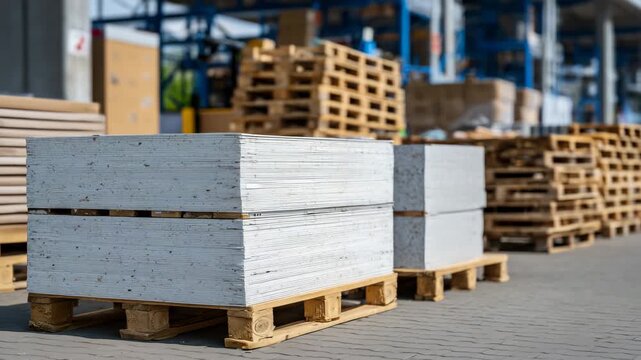 493Close-up of construction materials showing drywall panels stacked on pallets, ambient light highlighting edges and paper finish, organized and ready for installation