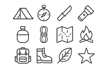 Obraz premium Field Survival Icons. Field survival. Line icon set of field survival: tent, compass, knife, flashlight, canteen, rope, map, campfire, backpack, boots, leaf,