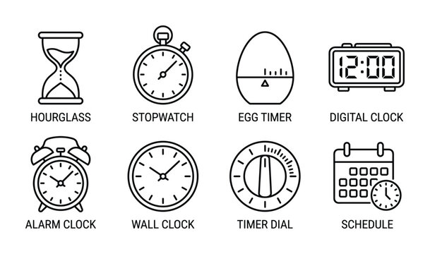 Set of hourglass, stopwatch, egg timer, digital clock, alarm clock, wall clock, timer dial, and schedule line icons