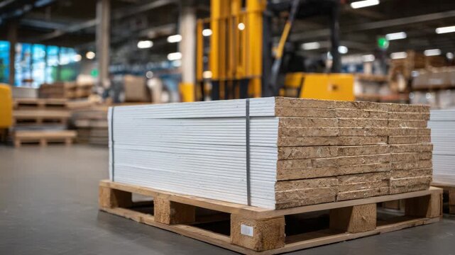 494Close-up of construction materials showing drywall panels stacked on pallets, ambient light highlighting edges and paper finish, organized and ready for installation