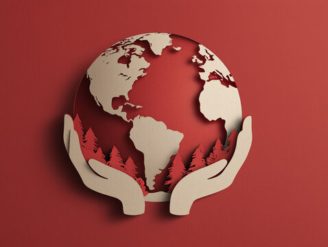 Earth globe held by hands, symbolizing care for environment and nature. design features paper cutout style with red and beige colors, representing sustainability and protection